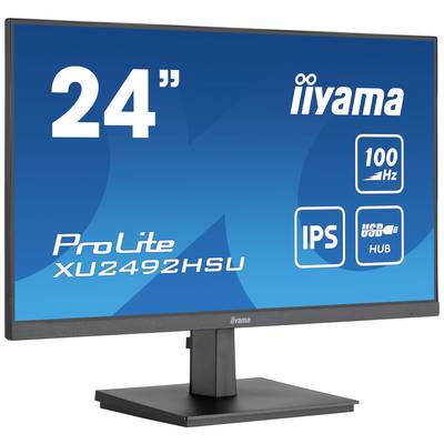 Een 24-inch monitor van iiyama, model ProLite XU2492HSU, toont symbolen voor 100 Hz verversingsfrequentie, IPS-paneel en USB-hub.