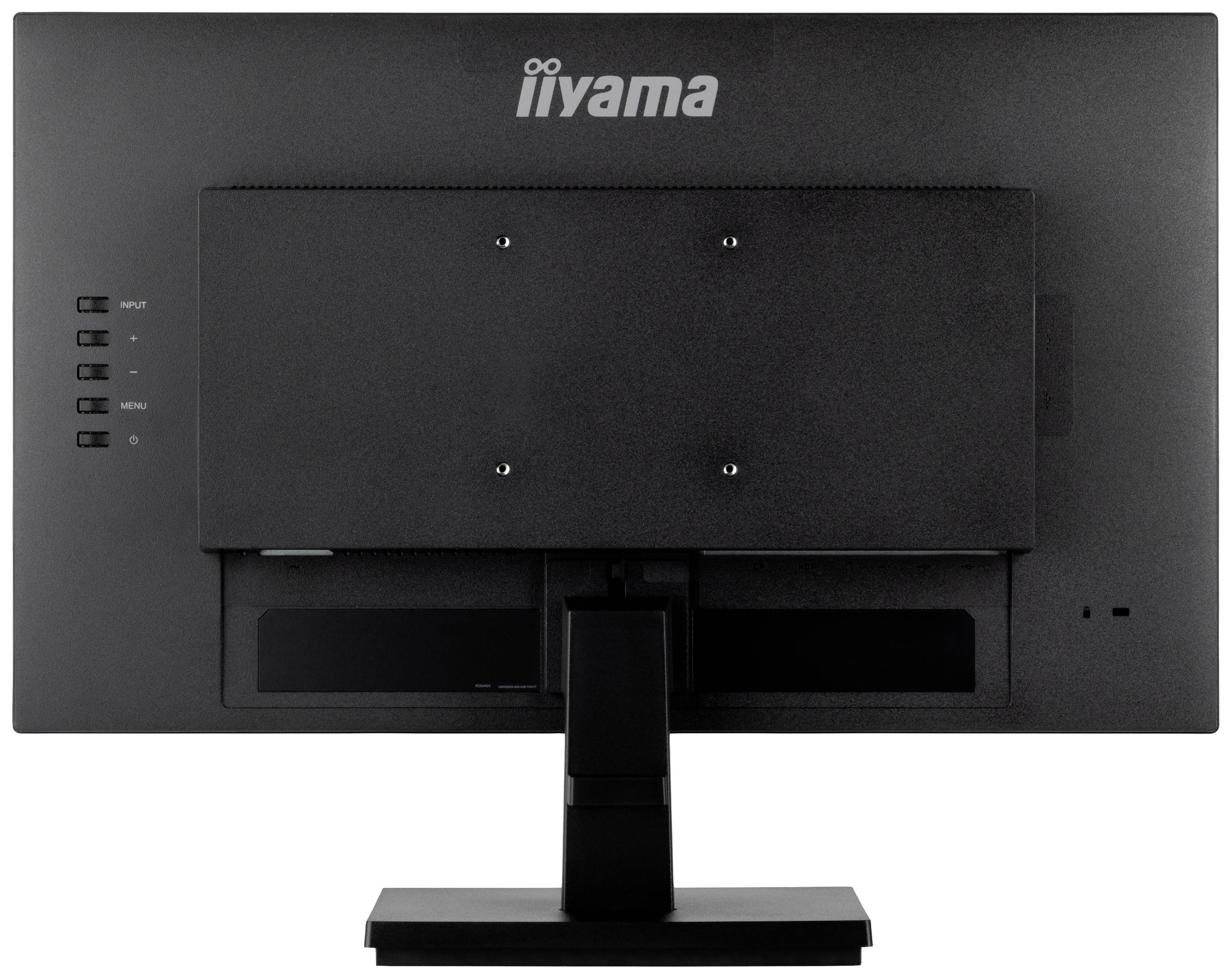 Achteraanzicht van een zwarte computerscherm van het merk Iiyama, zonder zichtbare kabels of aansluitingen, op een zwarte standaard.