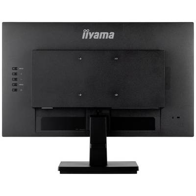 Achteraanzicht van een zwarte computerscherm van het merk Iiyama, zonder zichtbare kabels of aansluitingen, op een zwarte standaard.