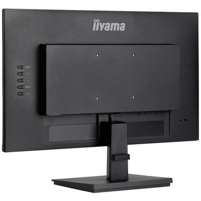 'Een zwarte iiyama-monitor, achterkant, toont de bevestiging en ingangsknoppen. De voet is onderaan zichtbaar.'