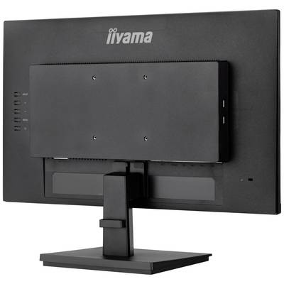 Achterkant van een zwarte computermonitor op een verstelbare voet. Geen zichtbare schermonderdelen.