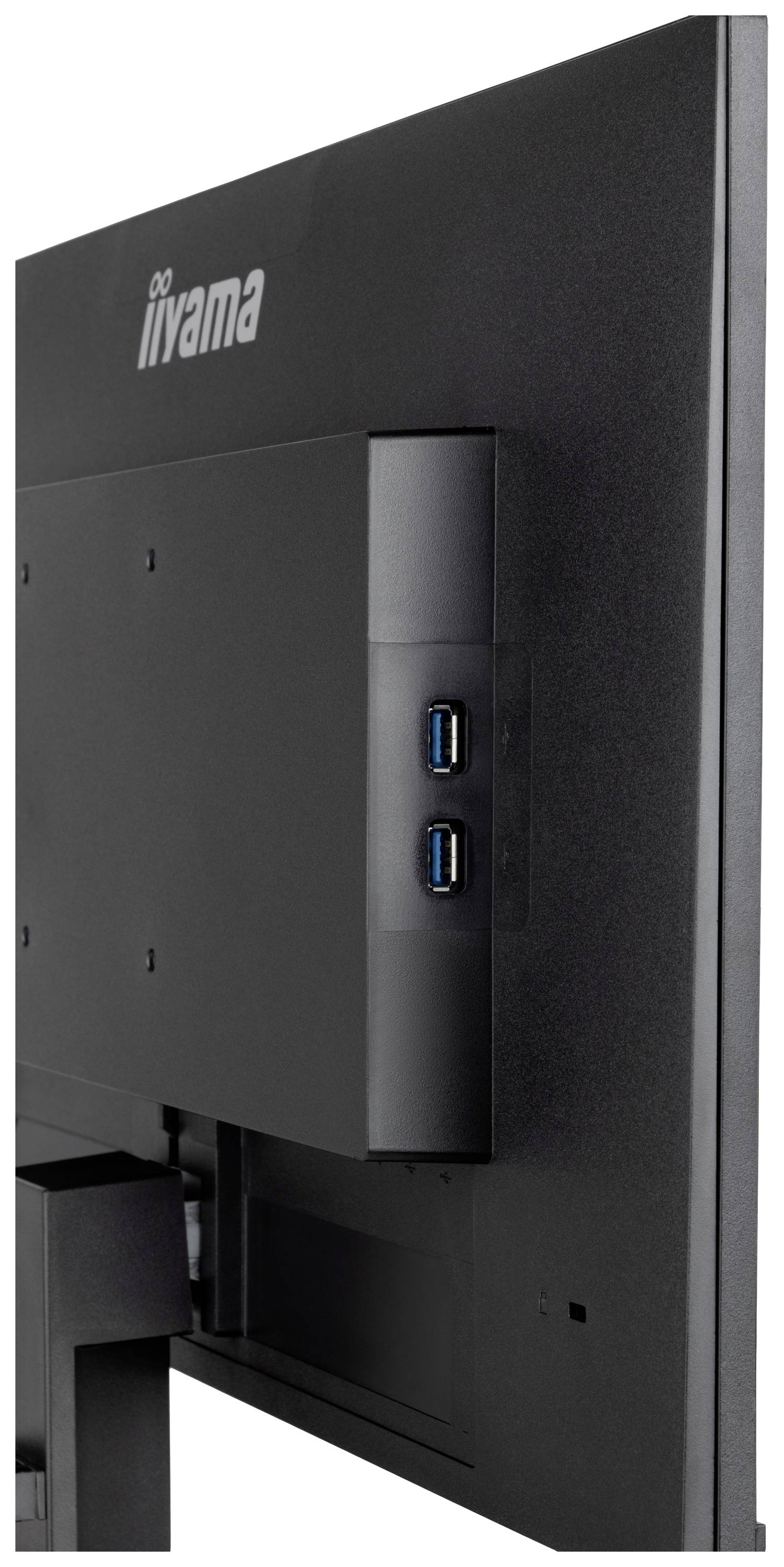 Achteraanzicht van een iiyama-monitor waarbij twee USB-poorten aan de zijkant zichtbaar zijn.