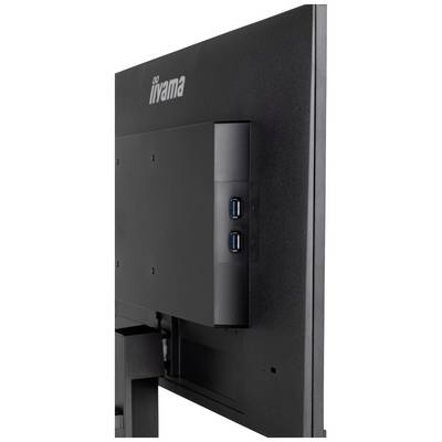Achteraanzicht van een iiyama-monitor waarbij twee USB-poorten aan de zijkant zichtbaar zijn.