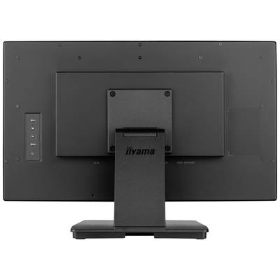 Achterkant van een iiyama-monitor. Het scherm is zwart met een stevig voetstuk. Zijdelingse bedieningsknoppen en aansluitingen zijn zichtbaar.