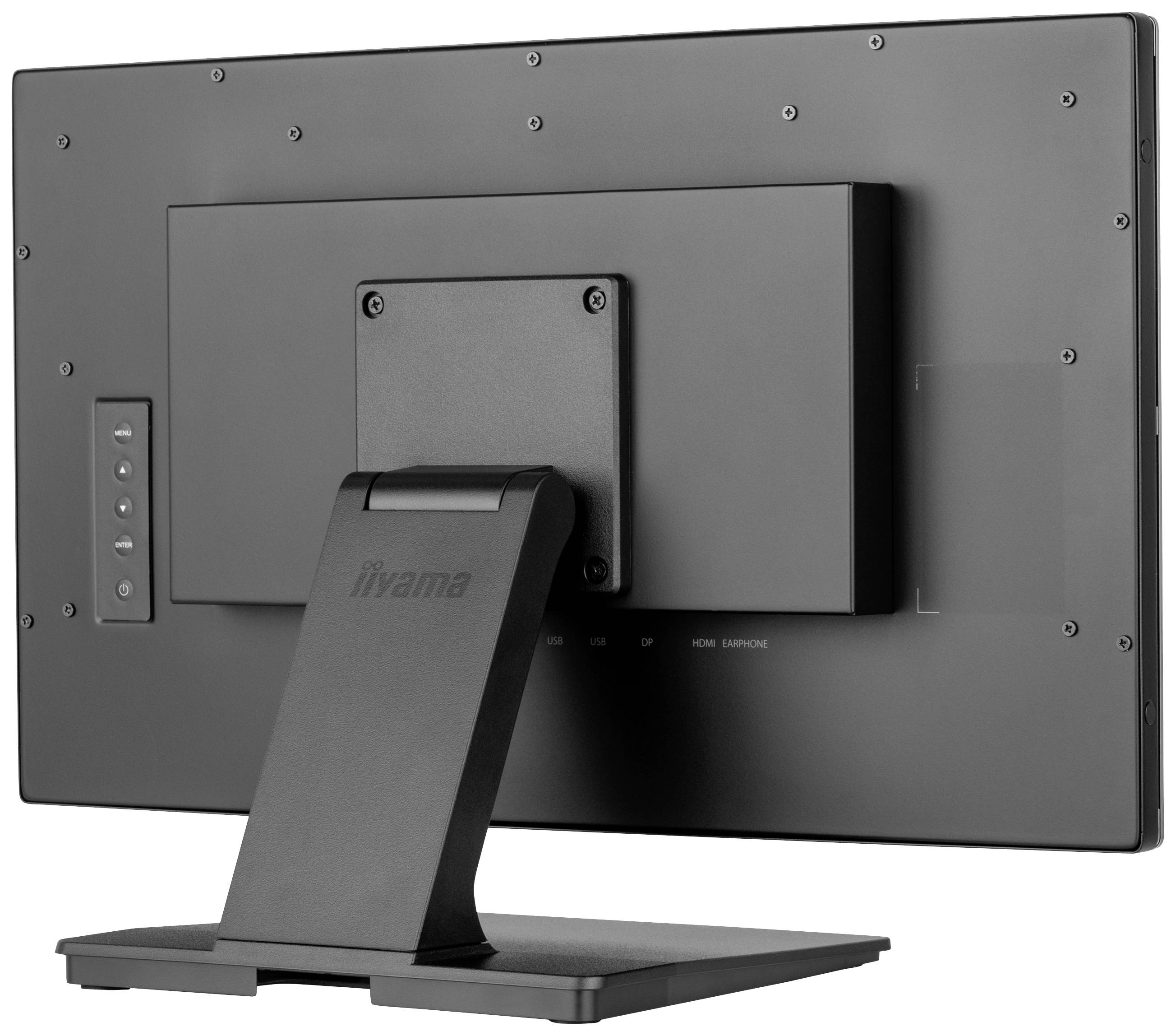 De achterkant van een zwarte monitor toont de standaard en de aansluitingen. Geen scherminhoud zichtbaar.