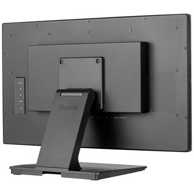 De achterkant van een zwarte monitor toont de standaard en de aansluitingen. Geen scherminhoud zichtbaar.