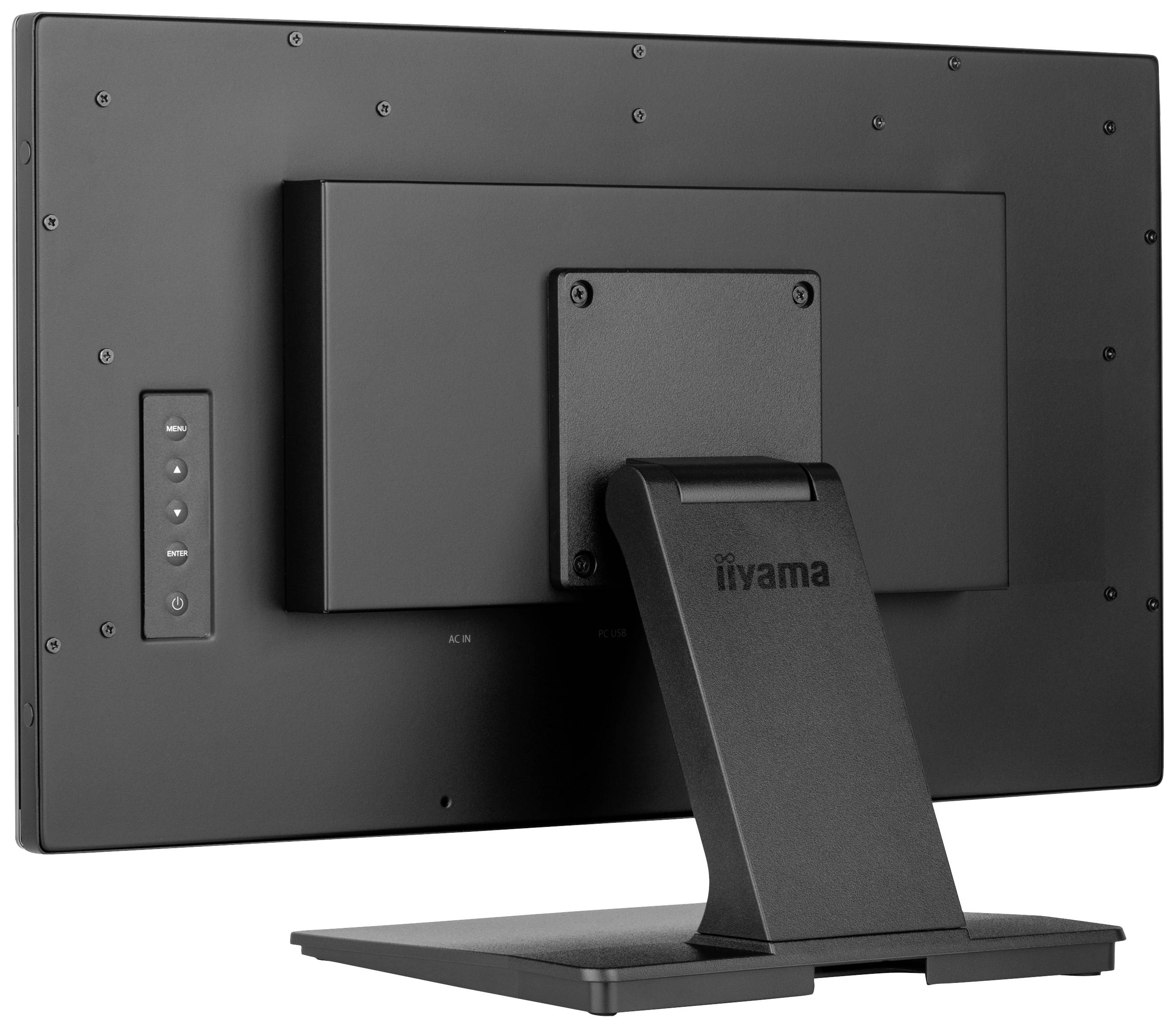 Achterkant van een monitor met een strak design. Toont de bevestiging en aansluitingen. Fabriekslogo onderaan zichtbaar.