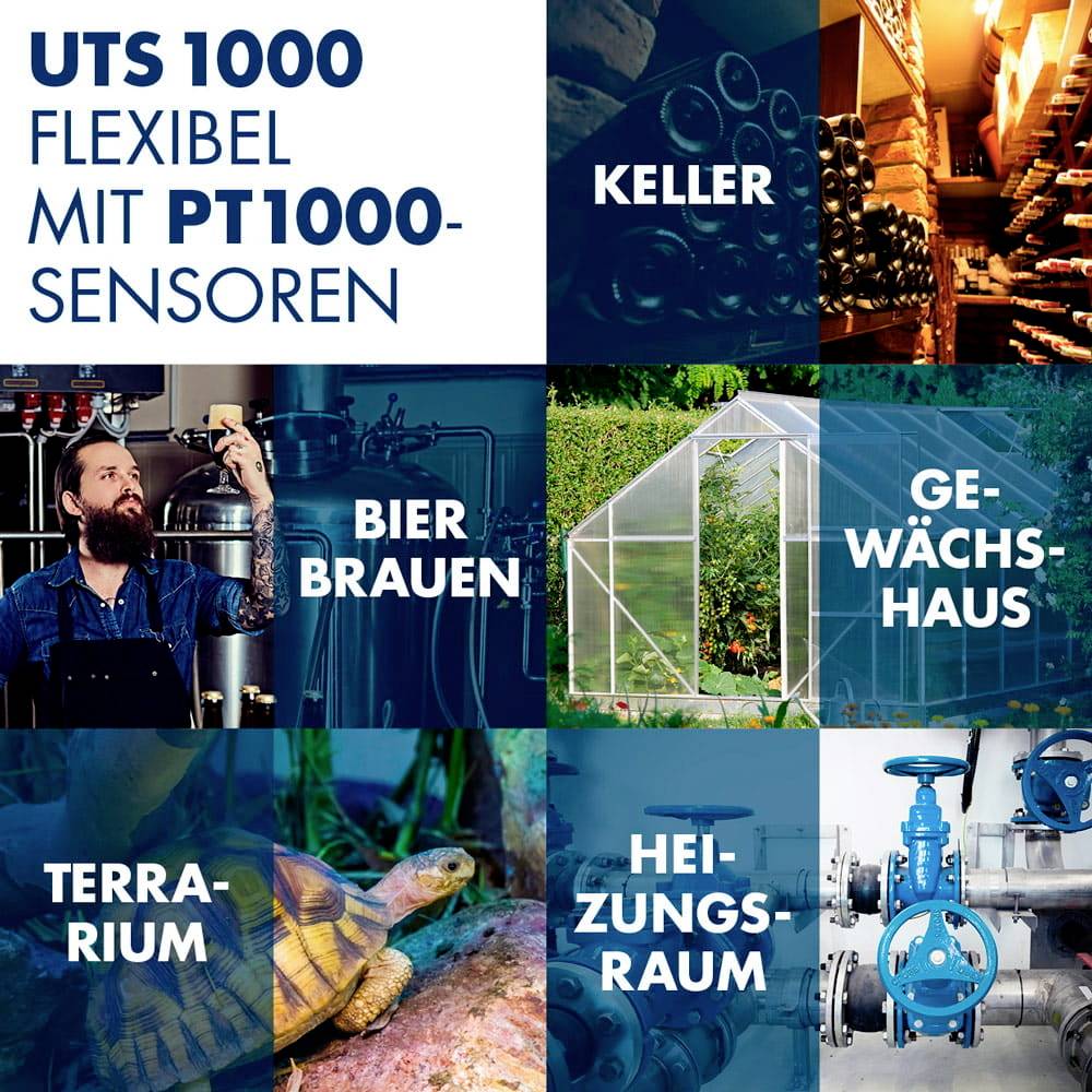 'UTS 1000: Flexibel met PT1000-sensoren.' Afbeeldingen tonen kelder, bierbrouwen, broeikas, terrarium en verwarmingsruimte.