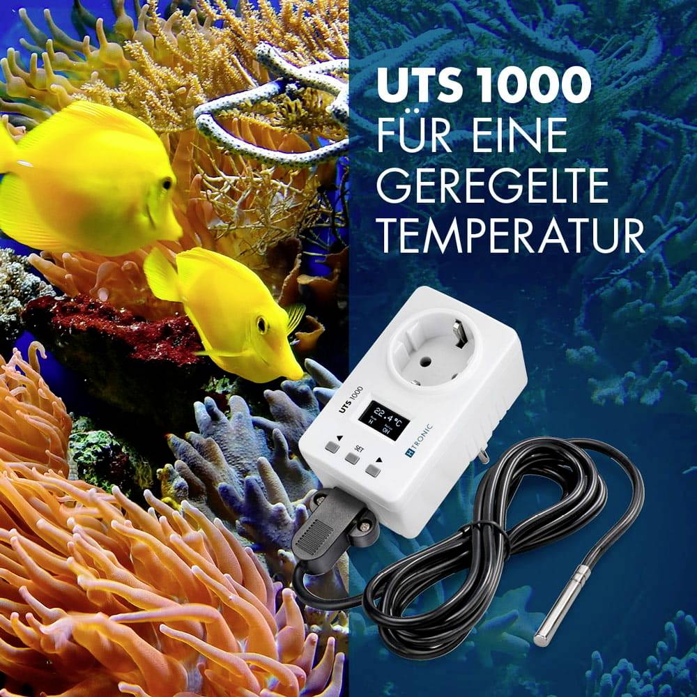 Twee gele vissen zwemmen over kleurrijk koraal. Daarnaast een sensor met het opschrift 'UTS 1000: Voor een gereguleerde temperatuur'.