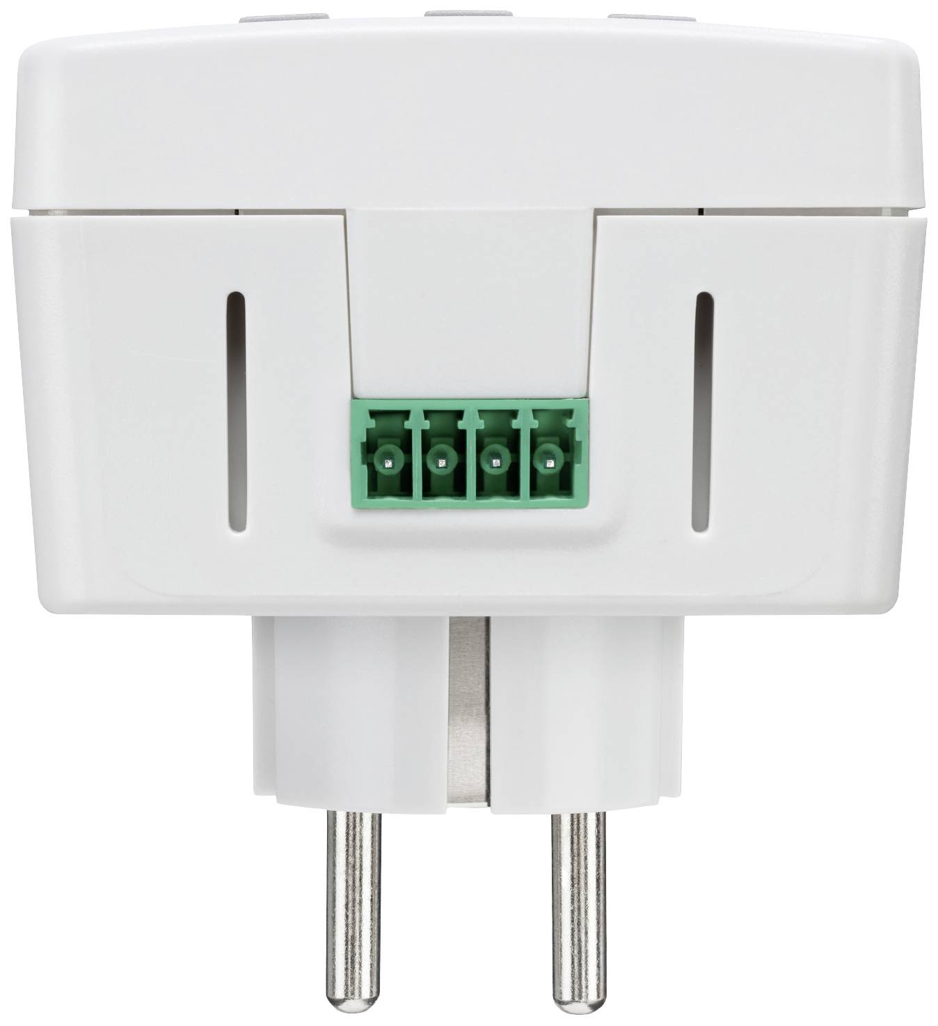 Witte elektrische adapter met groene aansluiting, twee stekkerpunten onderaan, gezien van voren.