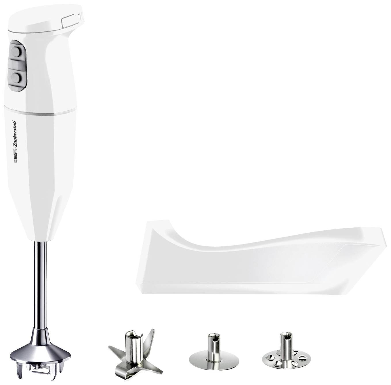 Staafmixer in het wit met verwisselbare roestvrijstalen messen en toebehoren, ideaal voor het mengen en pureren in de keuken.