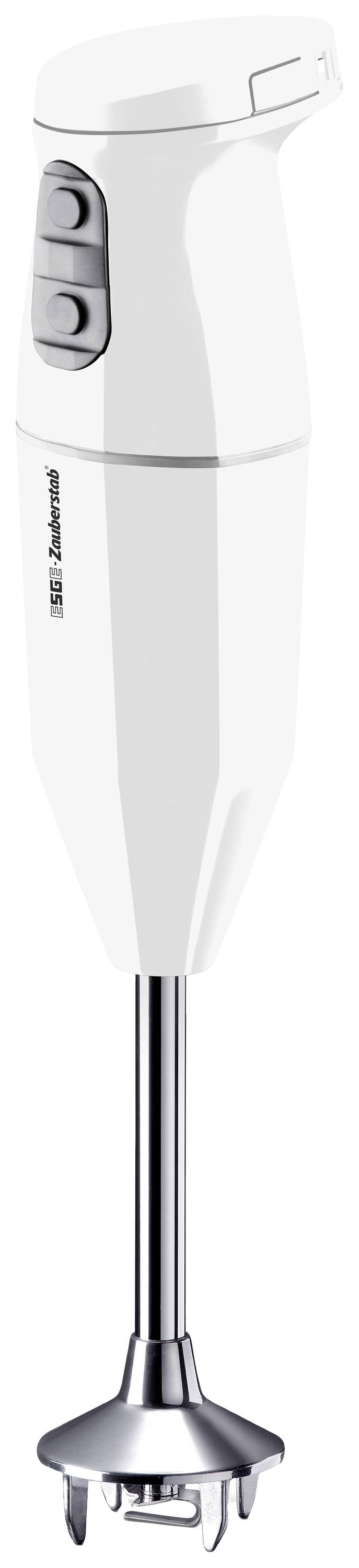 Een witte staafmixer met twee grijze knoppen, geschikt voor het pureren en mengen van ingrediënten.