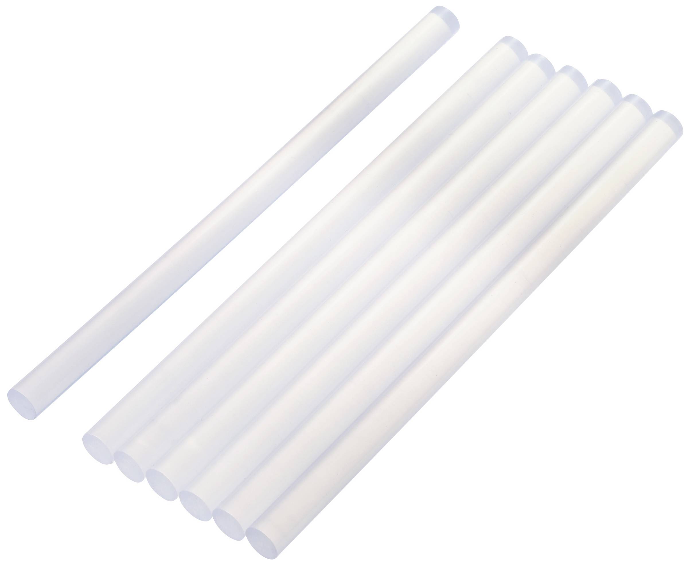 Acht doorzichtige kunststofbuizen liggen dicht naast elkaar op een witte achtergrond.