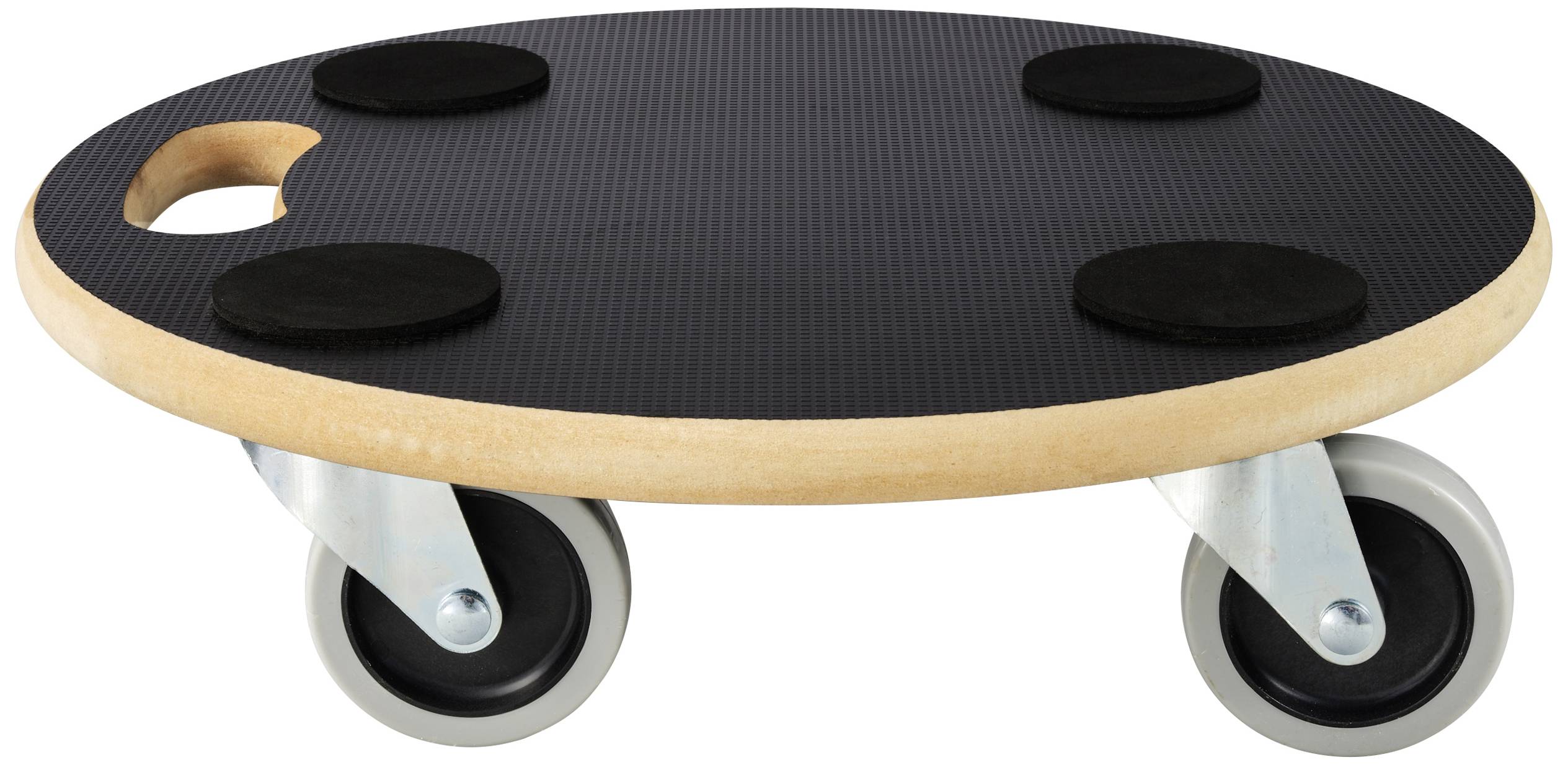 Rond houten skateboard met een zwart, slipvrij oppervlak en vier metalen wielen. Handgreep aan één zijde. Geschikt voor transportdoeleinden.