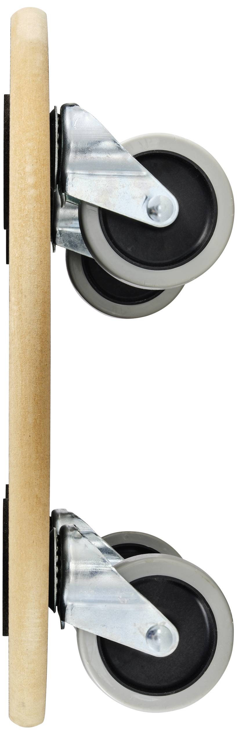 Twee draaibare rollen zijn bevestigd aan een houten bord, één bovenaan en één onderaan. Ze zijn gemaakt van metaal en rubber.