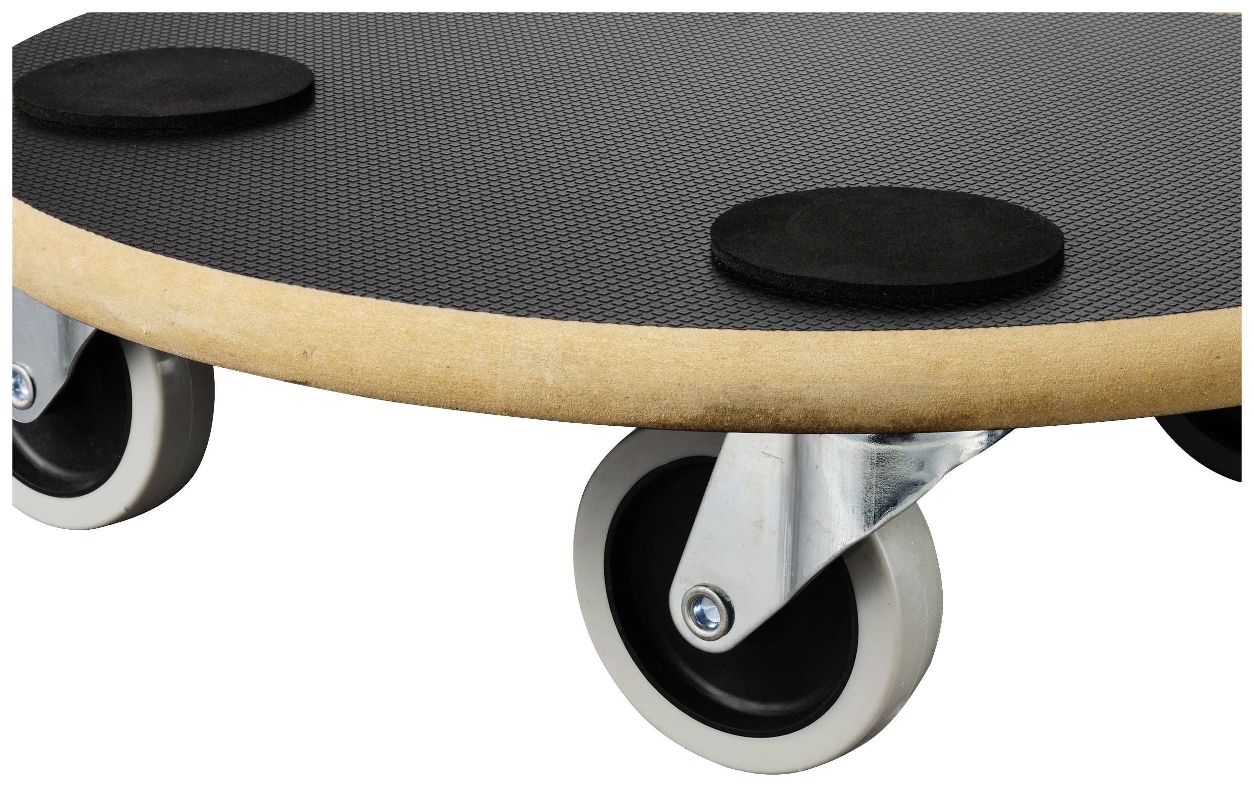 Zwart skateboard met vier wielen, rond houten frame en slipvrij oppervlak. Ideaal voor het vervoeren van voorwerpen.