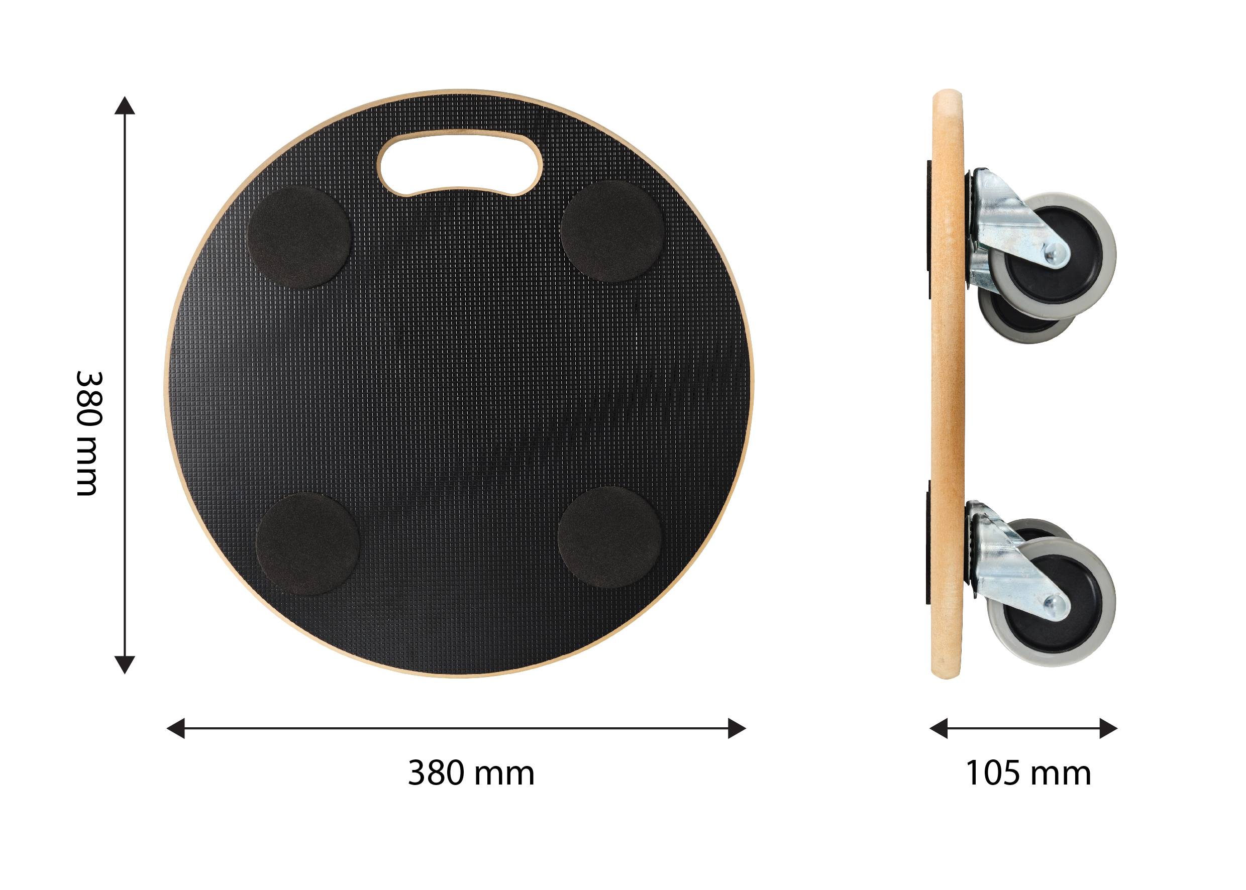 'Houten trolley met 380 mm diameter, 105 mm hoogte. Bevat handgreep en vier ronde, zwarte antislipoppervlakken, twee wielen aan de achterkant.'