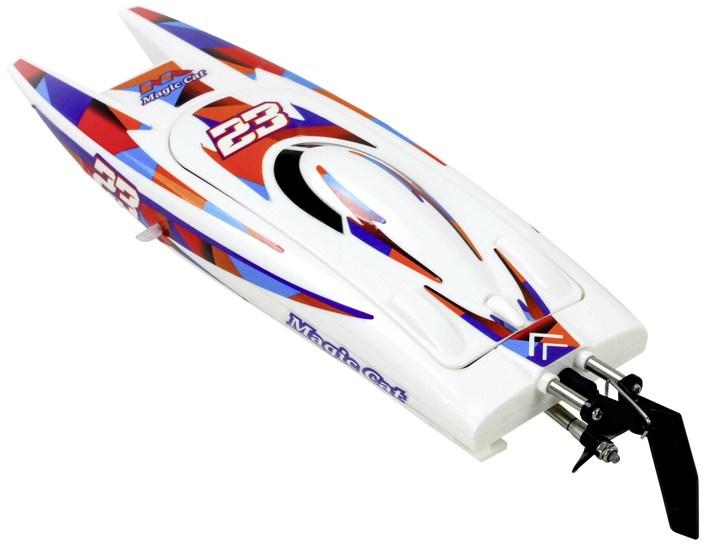 Een modelracedboot met opvallende rood-blauw-witte strepen en het nummer '23' op de bovenkant.