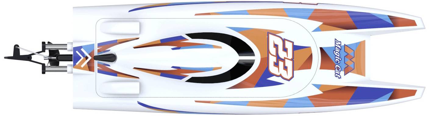 Modelboot van bovenaf gezien, met een witte romp, blauwe en oranje patronen, en het nummer '33' evenals de tekst 'Atlantic Cup'.