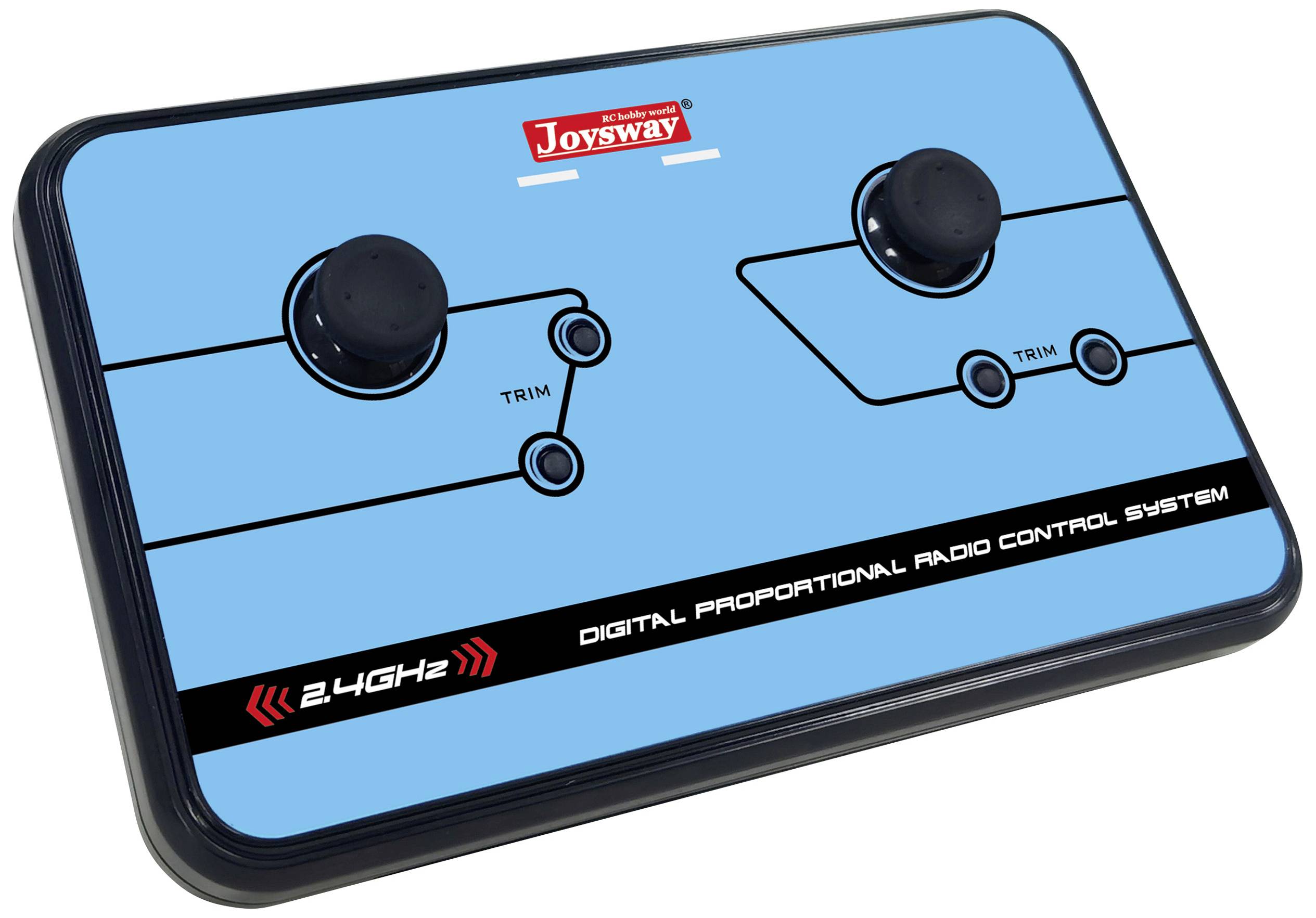 'Joysticks voor afstandsbediening op een blaue behuizing met de opschrift "Digital Proportional Radio Control System" en "2.4GHz".'