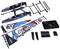 Speelgoed-zeilboot-set met blauw-rode lak, twee zeilen met haaimotief, afstandsbediening en accessoires zoals vinnen en roeren.