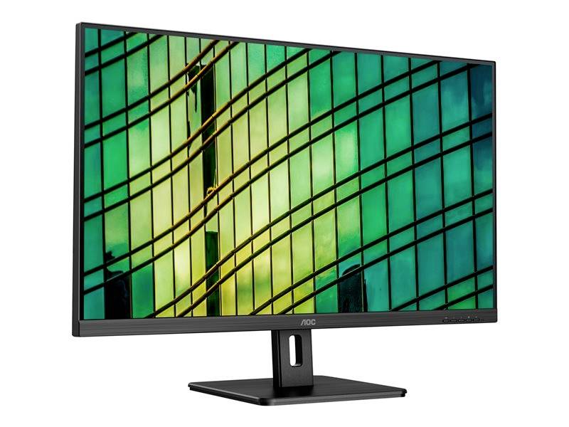 Een AOC-monitor met een afbeelding van een moderne gebouwgevel, bestaande uit gespiegelde groene glasplaten.