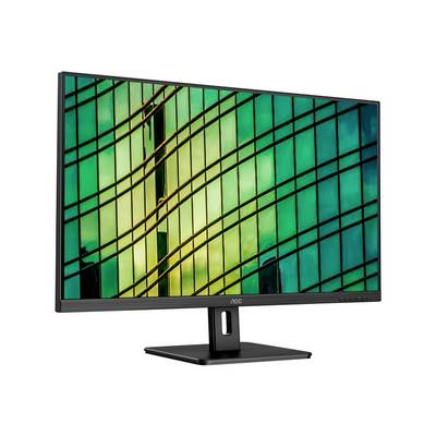 Een AOC-monitor met een afbeelding van een moderne gebouwgevel, bestaande uit gespiegelde groene glasplaten.