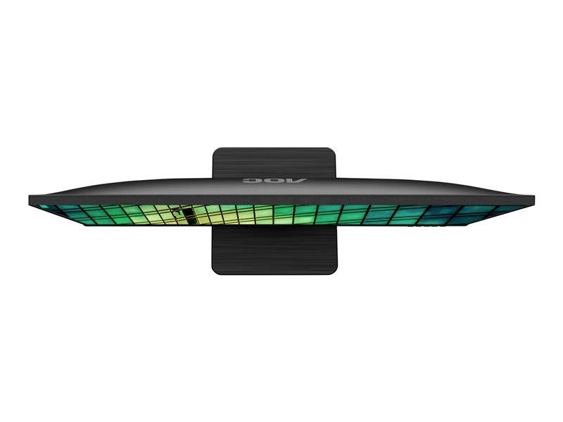 Een ultraplatte monitor, van bovenaf bekeken, toont een kleurrijk display met groene en blauwe tinten.
