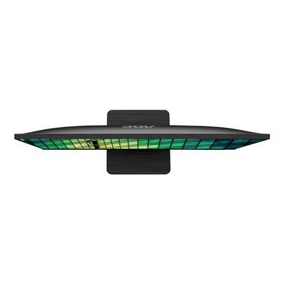 Een ultraplatte monitor, van bovenaf bekeken, toont een kleurrijk display met groene en blauwe tinten.
