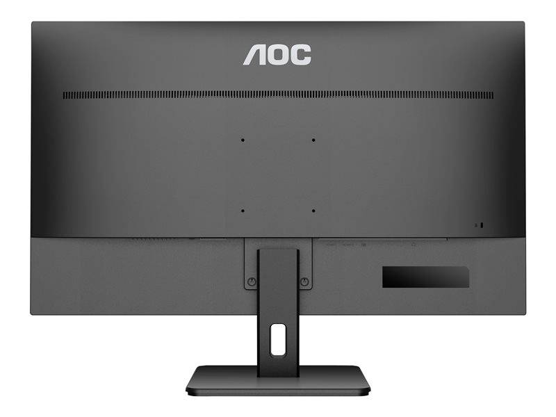 Een zwarte monitor van AOC, gezien vanaf de achterkant, met een strak design en standaard.