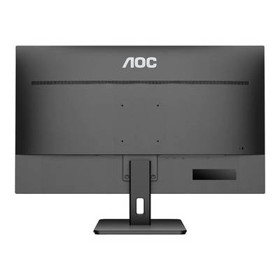 Een zwarte monitor van AOC, gezien vanaf de achterkant, met een strak design en standaard.