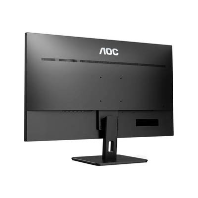 Achterkant van een zwarte computermonitor met het opschrift 'AOC', waarop de standaard en aansluitingen zichtbaar zijn.