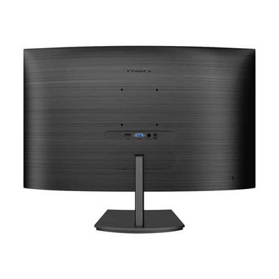 Achteraanzicht van een zwarte monitor op een standaard, aansluitingsmogelijkheden zichtbaar in het midden.