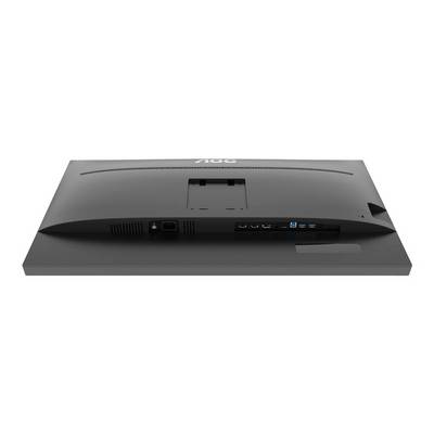 Achteraanzicht van een computerscherm, met verschillende aansluitingen en een ventilatierooster.