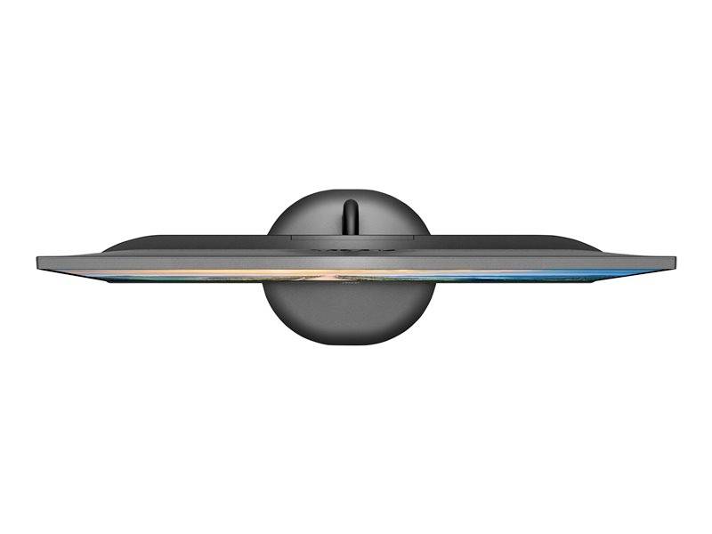 Een ronde, platte luidspreker met een LED-verlichtingsring aan de onderkant toont een meerkleurig licht en wordt van achteren bekeken.