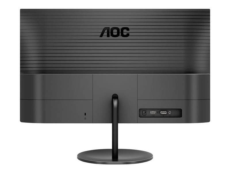 Een zwarte computermonitor van het merk AOC, achteraanzicht, toont aansluitingen voor HDMI en VGA aan de rechterkant.