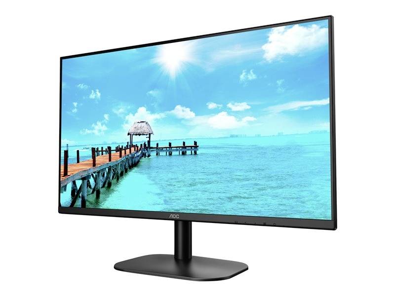 Een monitor vertoont een tropische scène met een steiger die uitsteekt in de turkooise zee, onder een zonnige hemel.