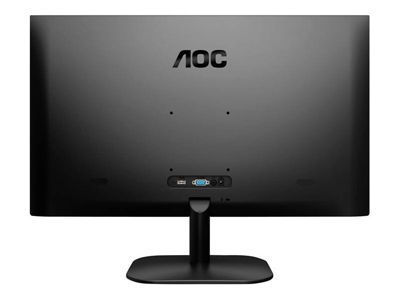 Een zwarte monitor van achteren, merk 'AOC', met bedieningselementen en aansluitingen onderaan in het midden.