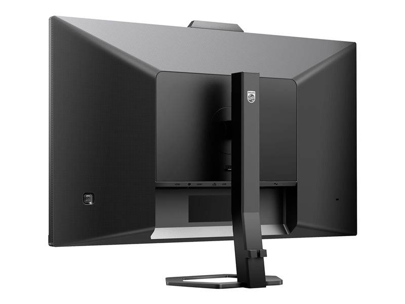 Een zwart computerscherm van achteren, gemonteerd op een flexibele standaard.