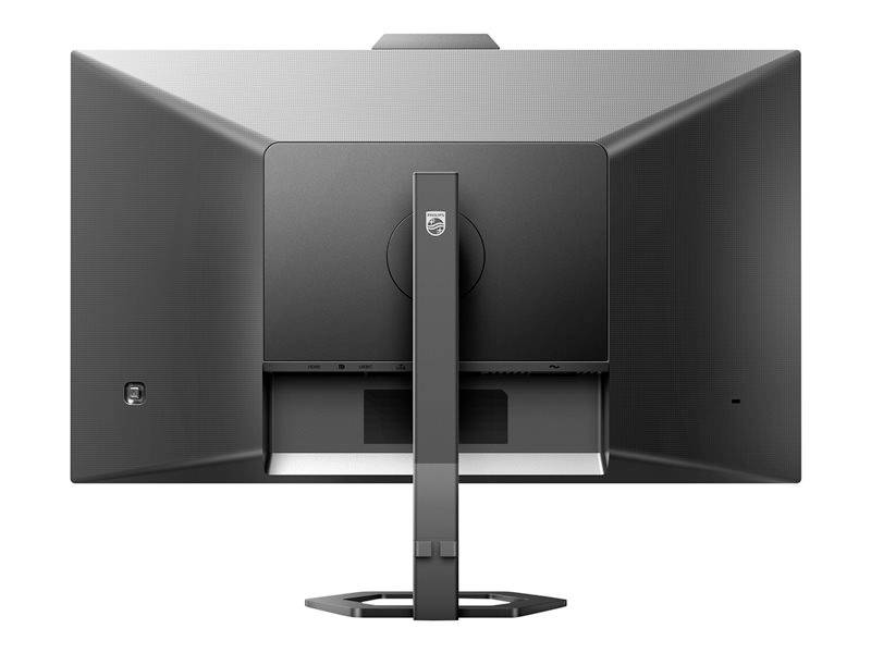 Achterkant van een grote zwarte computermonitor met een moderne standaard, geschikt voor werkplekken of kantooromgevingen.