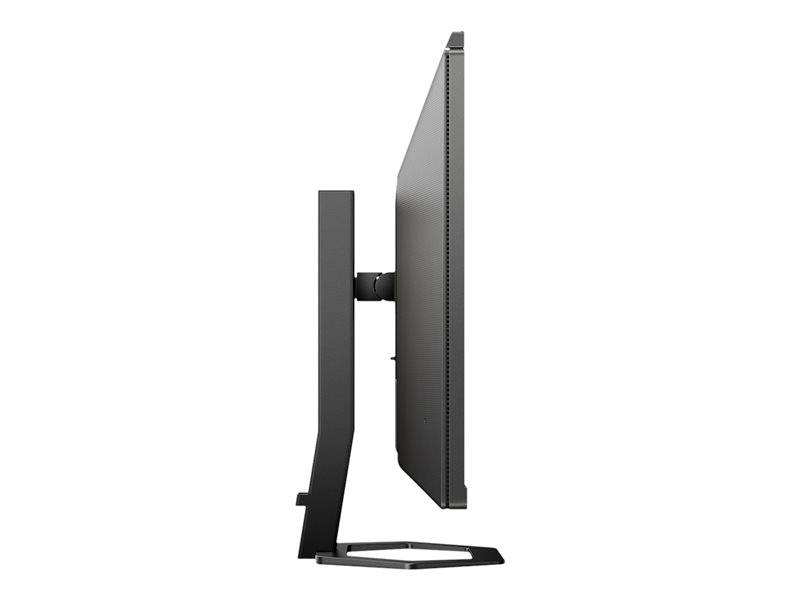 Een zwarte flatscreen-monitor wordt van opzij getoond. Het scherm staat op een stabiele voet die een gekantelde positie mogelijk maakt.