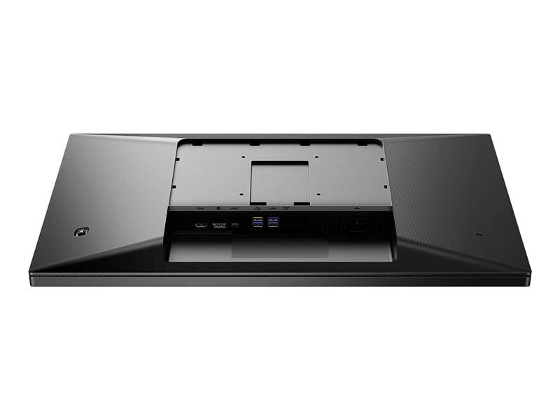 Achterkant van een zwarte computermonitor, toont aansluitingen en bevestigingspunten.