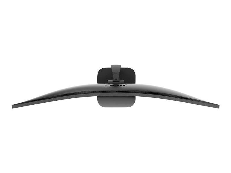 Een gebogen computermonitor van bovenaf gezien, met een zwarte rand en een gekromde schermvorm, met het standaard middensteunpunt zichtbaar.