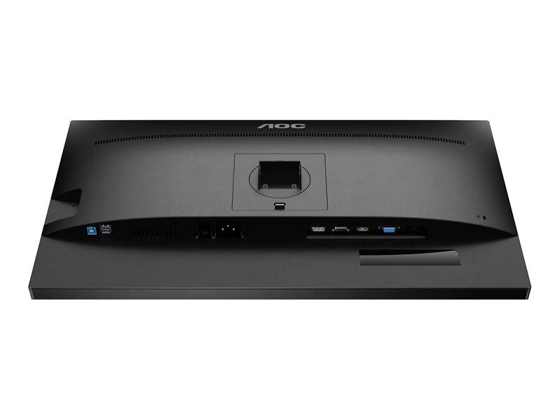 'Achterkant van een zwarte monitor met meerdere aansluitingen, waaronder HDMI-, DisplayPort- en USB-poorten, alsmede een stroomaansluiting.'