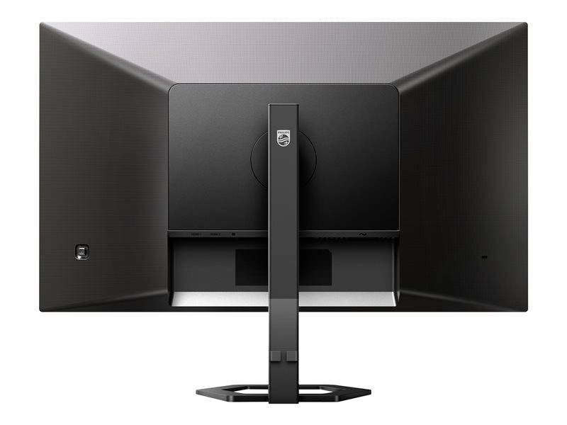 Achterzijde van een zwarte computermonitor met een rechthoekige voet en een smal frame.