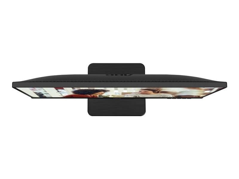 Een zwarte, platte computermonitor, van bovenaf bekeken, vertoont een film met twee personen.