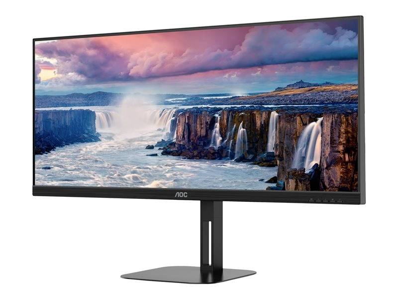 Een computerscherm met een landschapsafbeelding: Watervallen op de voorgrond, roze lucht op de achtergrond. AOC-scherm.
