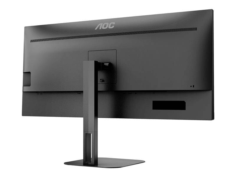 Achterkant van een zwarte computermonitor met een rechthoekige voet. Het merk 'AOC' is bovenaan de behuizing zichtbaar.