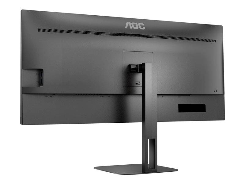 Een zwart computerscherm van achteren, op een stabiele standaard, met het 'AOC'-logo bovenaan de behuizing.