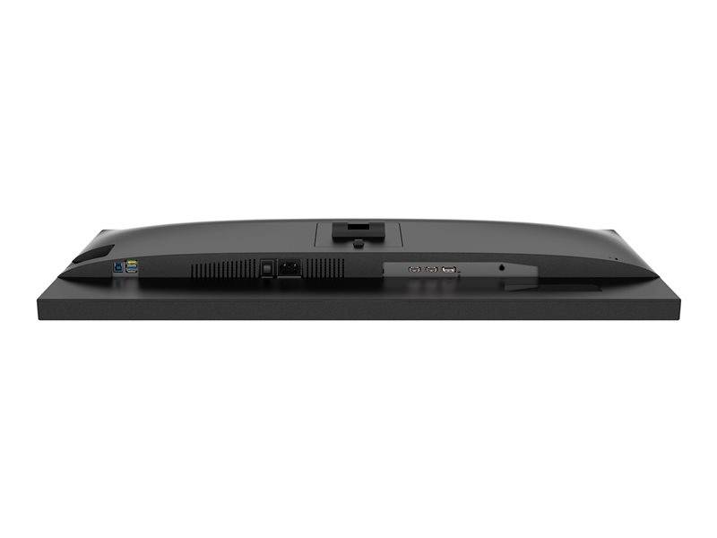 Een platte computermonitor van achteren, die de aansluitingen aan de achterkant laat zien.